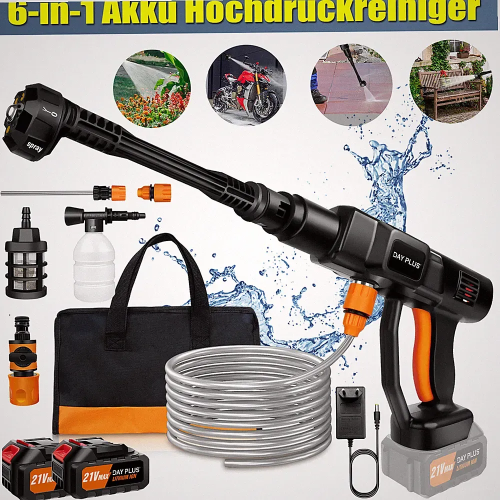4000W Akku Druckreiniger Hochdruckreiniger 300Bar Reinigungspistole 6 IN 1 Düsen