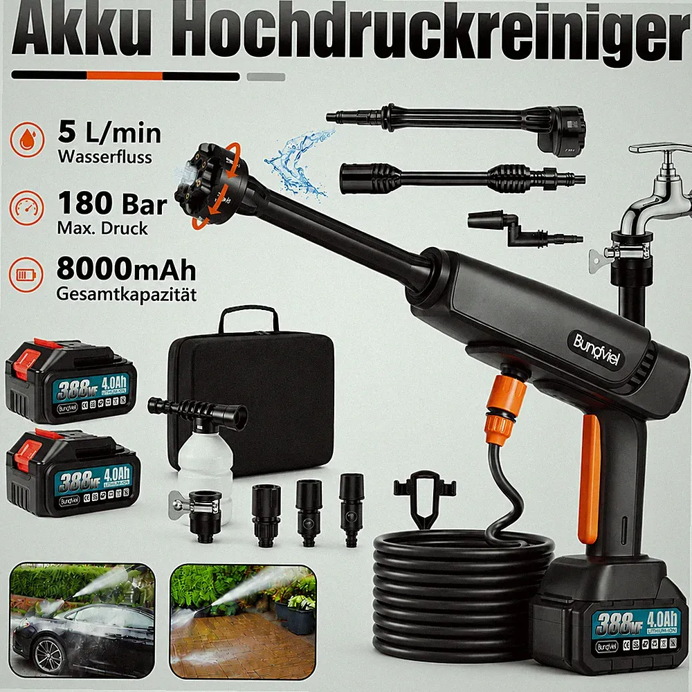 Akku Hochdruckreiniger 21V 6in1 Automobiler Druckreiniger Spritzpistole 2xAkku